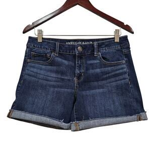 American Eagle Midi Denim Shorts Size 10 High Rise Cuffed Stretch
